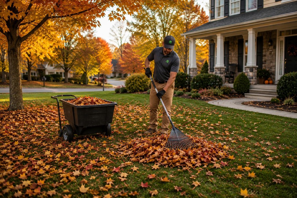 Removing fallen autumn leaves from a residential lawn