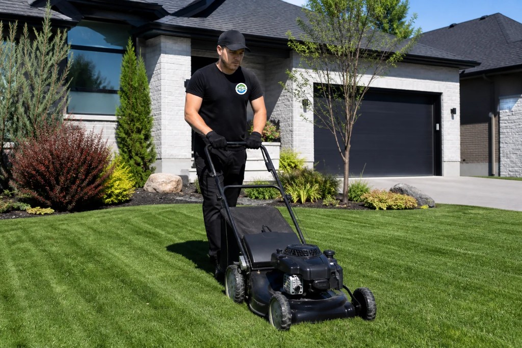 Lawn mower cutting grass during fall lawn maintenance