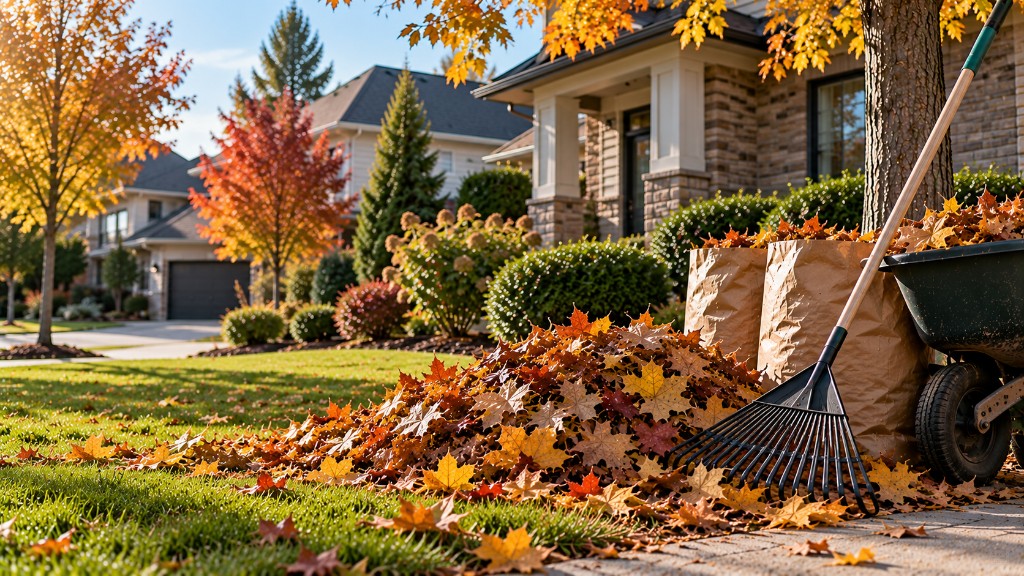 Removing fallen autumn leaves from a residential lawn